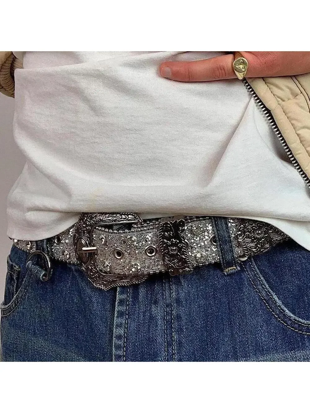 Cyber Y2k 2000s style rhinestone crystal grunge silver punk belt. Cool